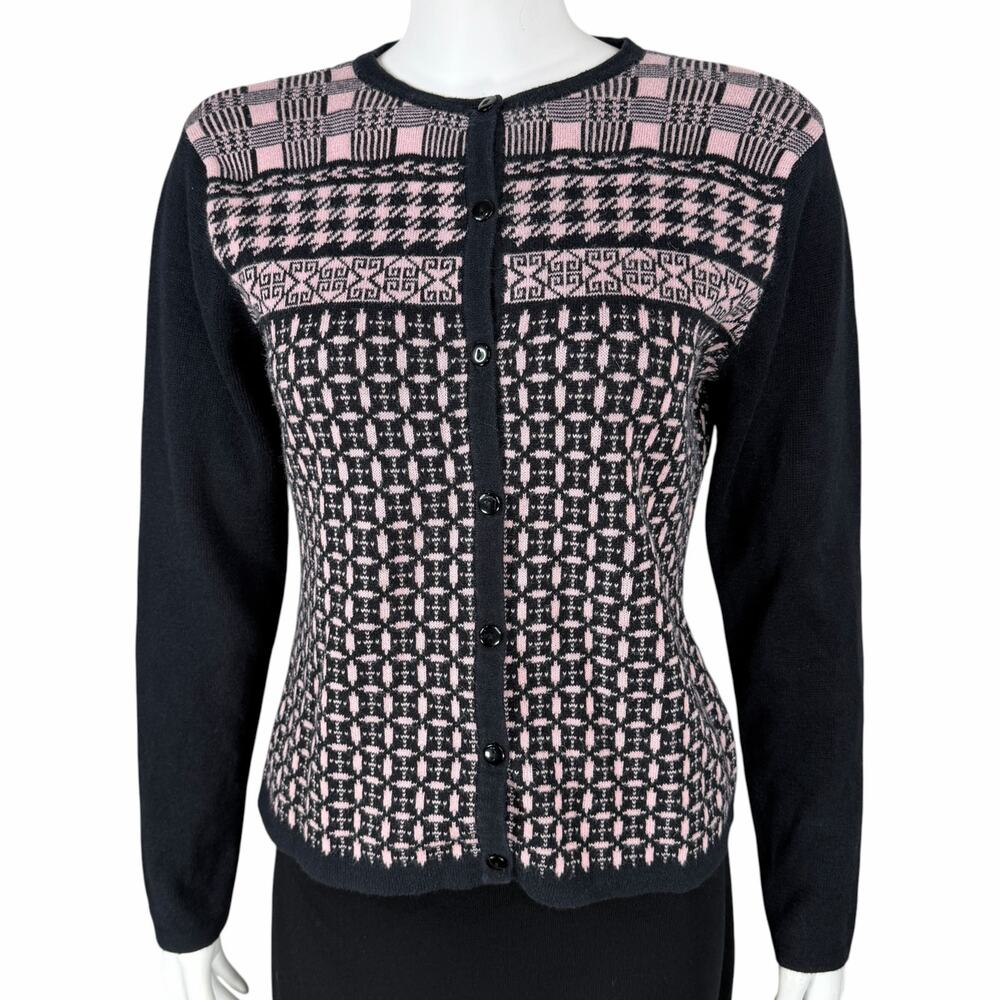 Crystal-Kobe Cardigan Sweater Womens Small Ramie Cotton Houndstooth Plaid Button